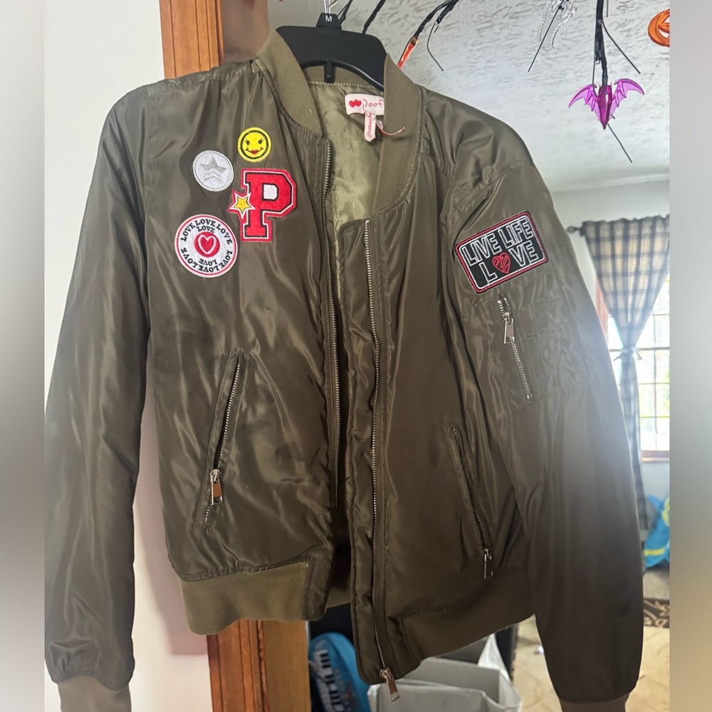Poof! Olive Bomber Jacket with Patches